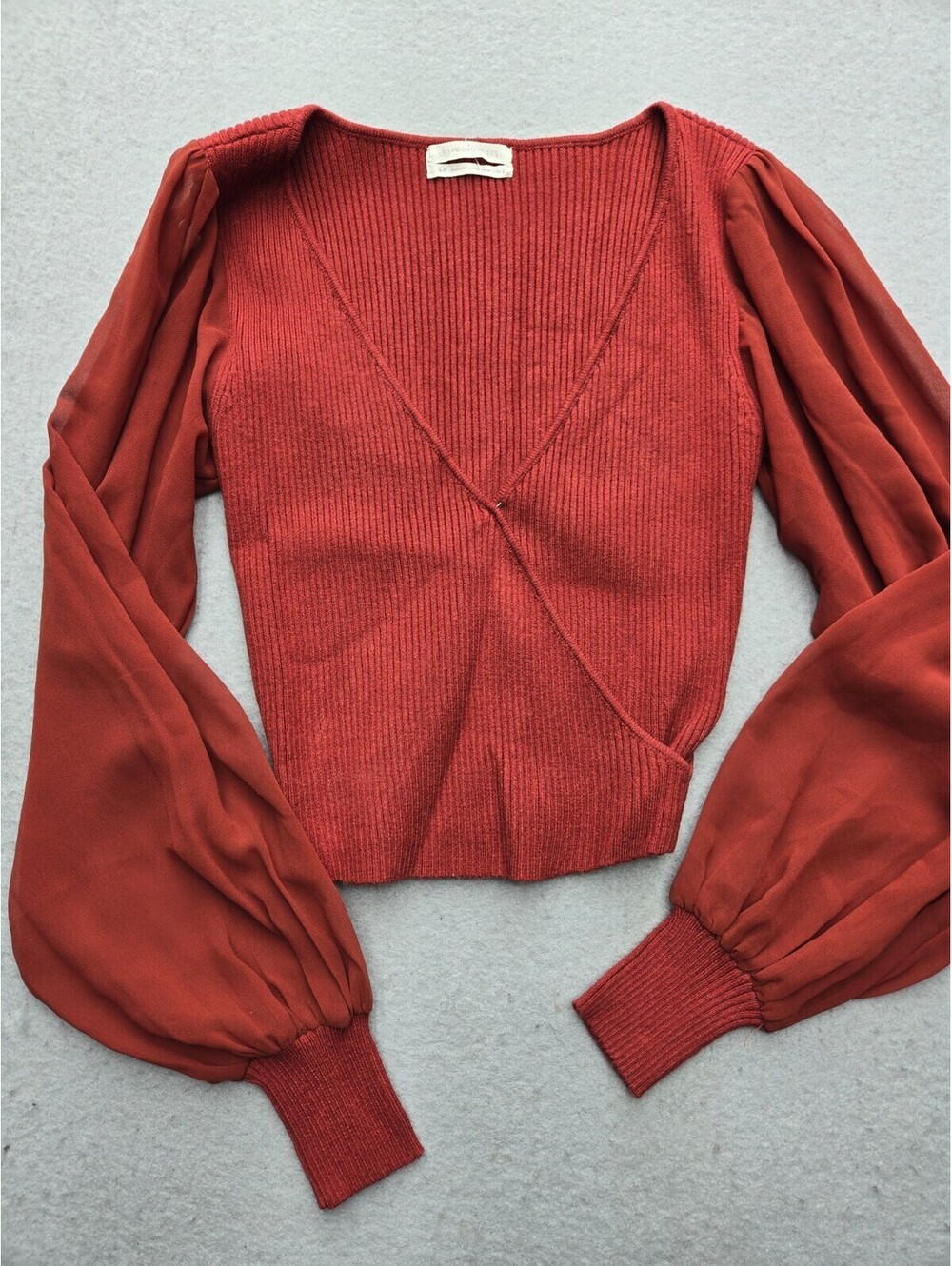 Urban Outfitters Women's Sweater Small Red Pullover Deep V Sheer Cuffs